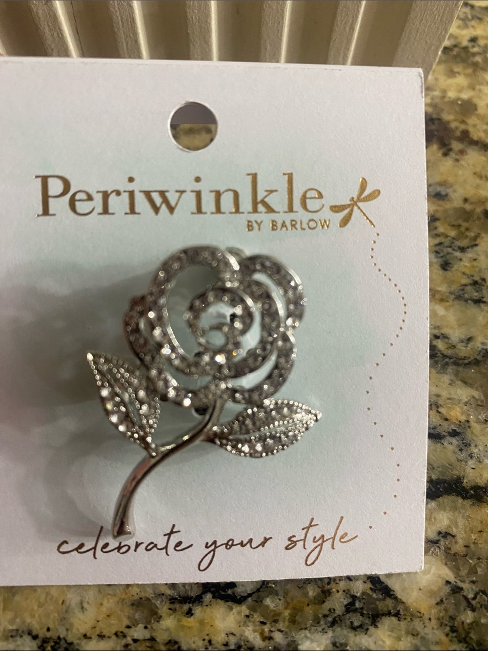 Periwinkle by Barlow Silver Rose Crystal Brooch about 1 3/4 in long NWT